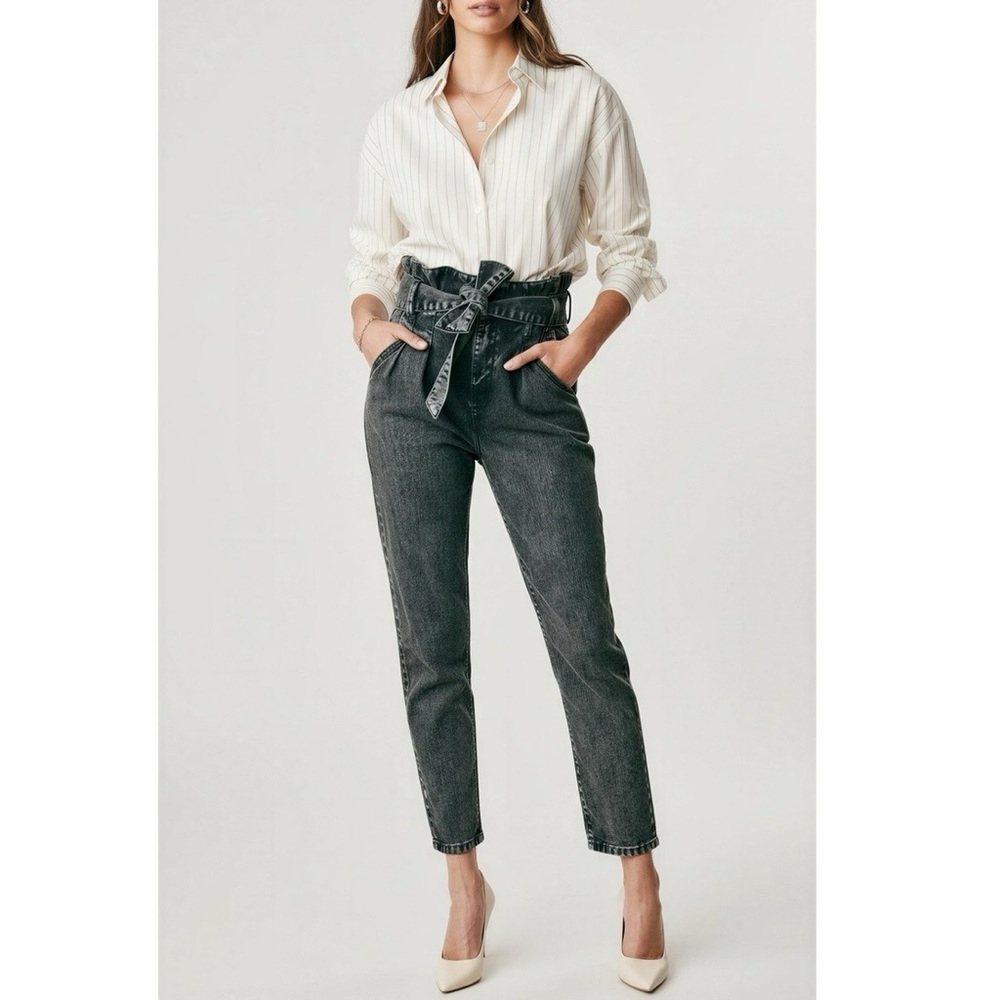 SÉZANE Austin Belted Paperbag Pants, Washed Black, FR32/US0